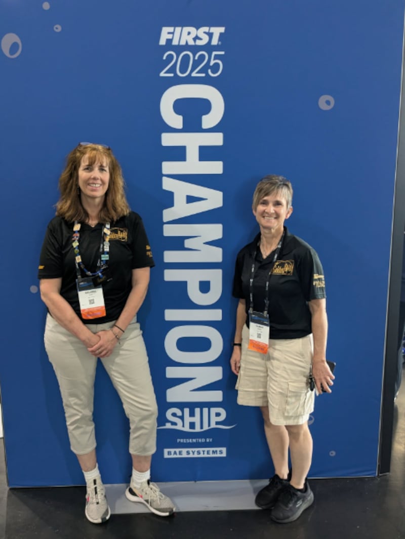 Melissa Ryan, left, and Tammy Massey at the 2025 FIRST World Championships in Houston, Texas.