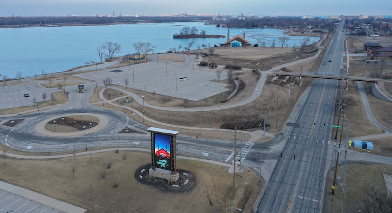 An aerial view of the Wolf Lake Memorial Park in the 2300 block of Calumet Avenue is a potential site of the new Chicago Bears stadium on Saturday, Feb. 21, 2026 in Hammond Ind.