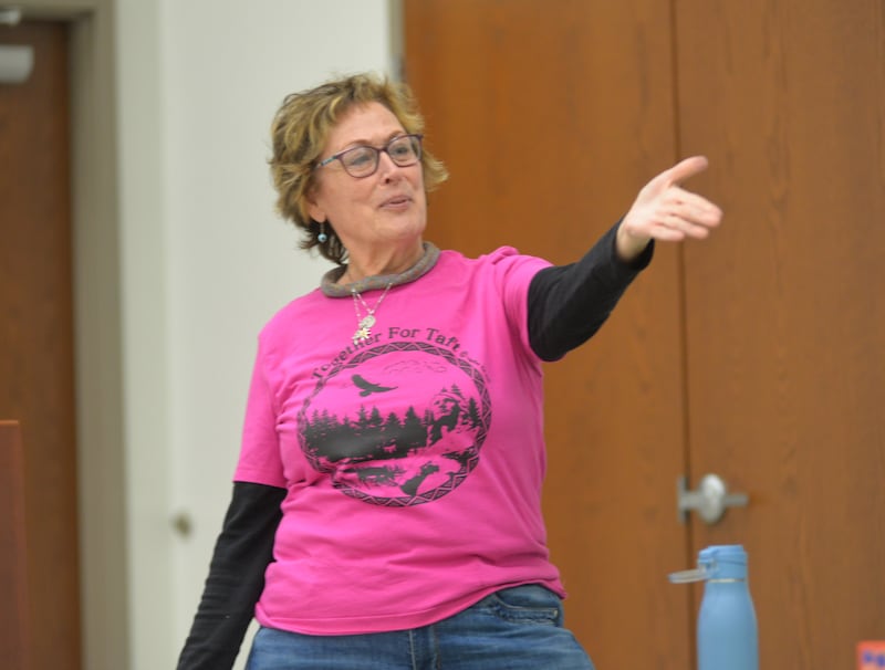 Together for Taft organizer Julie Bassett of Sycamore introduces the other three members of the organization, who held an "interest" meeting about the Taft Field Campus on Feb. 19, 2025, at the Rock River Center in Oregon. The grassroots organization is working on funding to reopen the Taft Campus open following NIU's decision last year to close it.