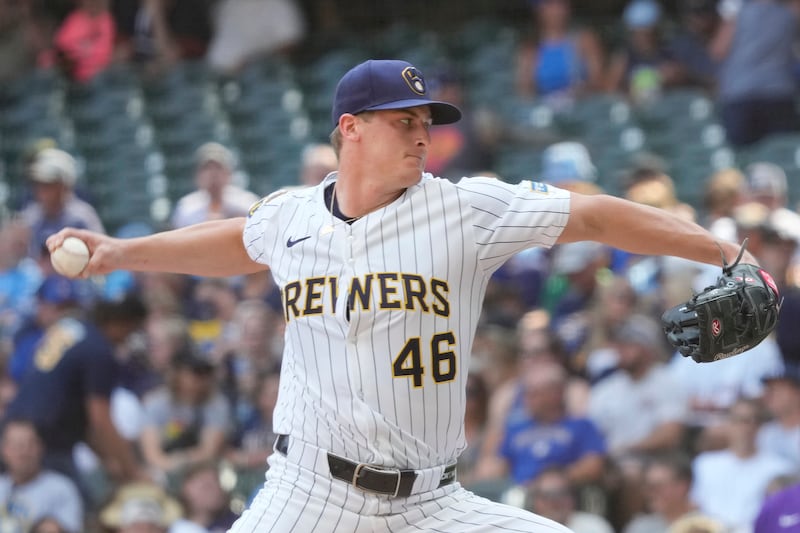 Milwaukee Brewers pitcher Quinn Priester throws during the first inning of a baseball game against the Colorado Rockies, Saturday, June 28, 2025, in Milwaukee. (AP Photo/Kayla Wolf)