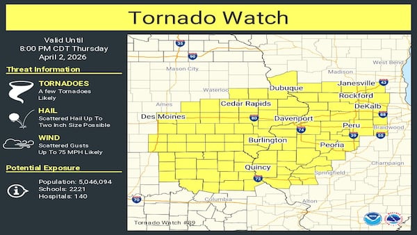 Tornado watch issued for La Salle and Bureau counties until 8 p.m.