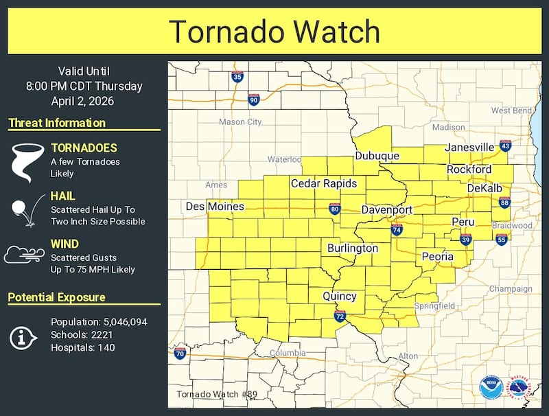 A tornado watch has been issued for 10 counties until 8 p.m. Thursday, April 2.