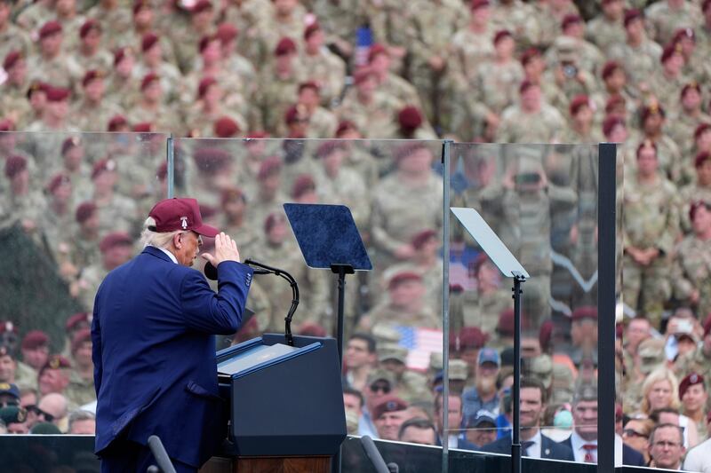 President Donald Trump speaks at Fort Bragg, Tuesday, June 10, 2025, in Fort Bragg, N.C. (AP Photo/Alex Brandon)