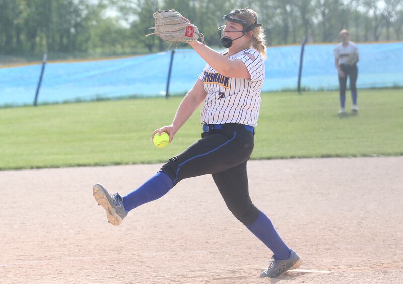 Somonauk/Leland pitcher Kaydence Eade lets go of a throw to Mendota during the Class 1A Regional quarterfinal game on Monday, May 19, 2025 at Somonauk High School.