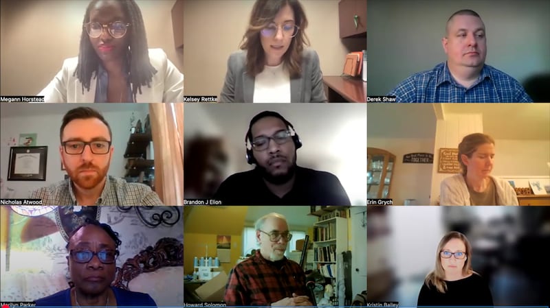 Candidates for DeKalb School District 428 school board speak with Daily Chronicle Editor Kelsey Rettke (top middle) and DeKalb city reporter Megann Horstead (top left) about top issues facing the school district during a virtual candidates forum on Thursday, March 13, 2025.