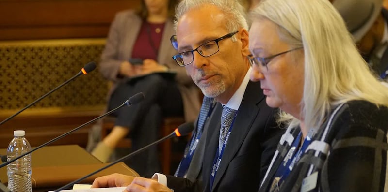 Illinois State Superintendent of Education Tony Sanders, left, and State Board of Education member Patricia Nugent, present the agency’s $10.9 billion budget request to a House appropriations committee on Tuesday, April 7.