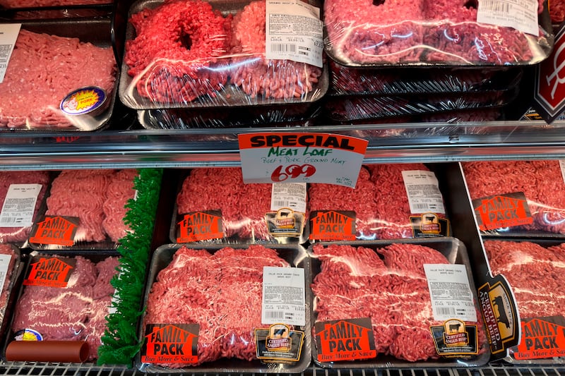Beef is displayed for sale at a grocery store Wednesday, April 29, 2026, in Chicago. (AP Photo/Erin Hooley)