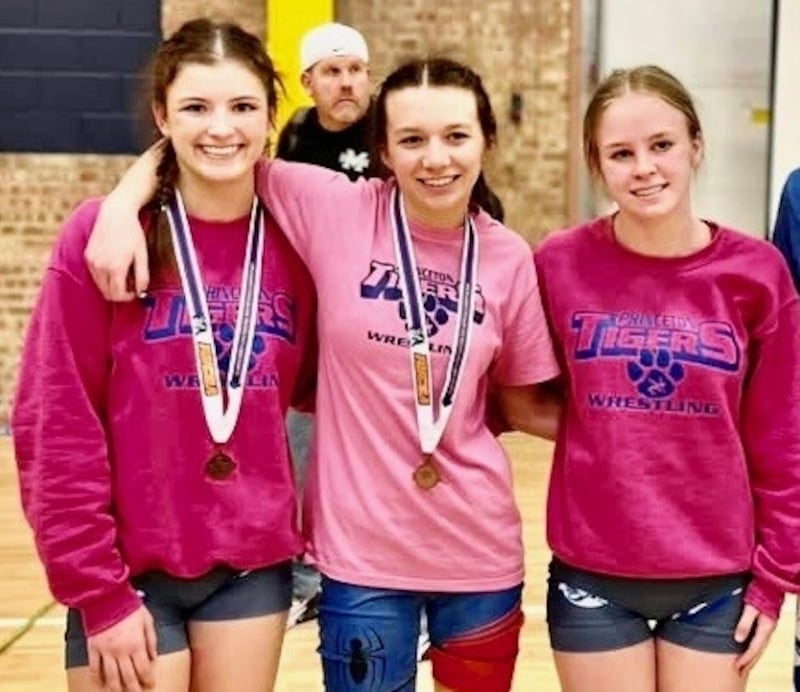 Princeton's Jadeyn Klingenberg (from left), Rylee Backes and Abby Harris will be among the wrestlers in Saturday's Princeton Invitational girls tournament on. Saturday beginning at 9 a.m.
