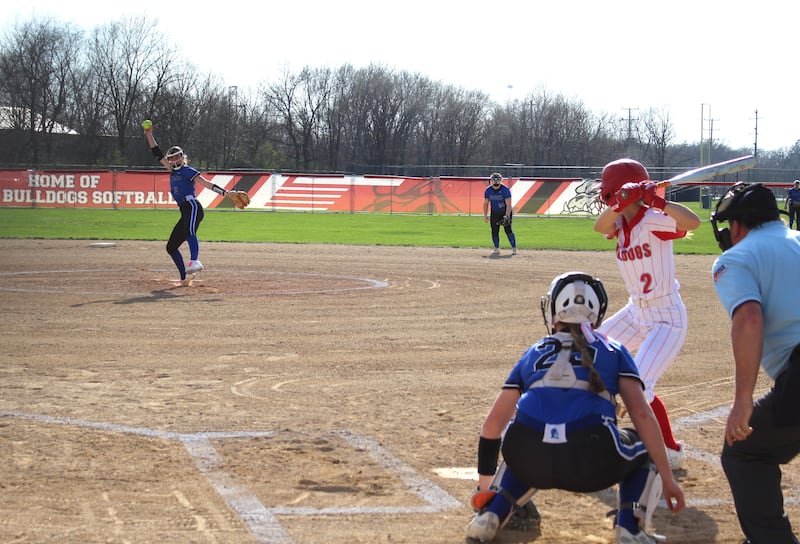Streator softball hitter Ava Glisson (2) awaits the pitch from the Peotone battery of pitcher Sophie Klawitter (4) and catcher Mary Klawitter (25) during the teams' Illinois Central Eight Conference opener Monday, March 30, 2026, at the SHS Athletic Fields in Streator.
