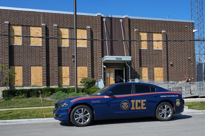 A U.S. Immigration and Customs Enforcement's (ICE) vehicle is parked in front of an ICE processing facility in the Chicago suburb of Broadview, Ill., Wednesday, Sept. 17, 2025. (AP Photo/Nam Y. Huh)