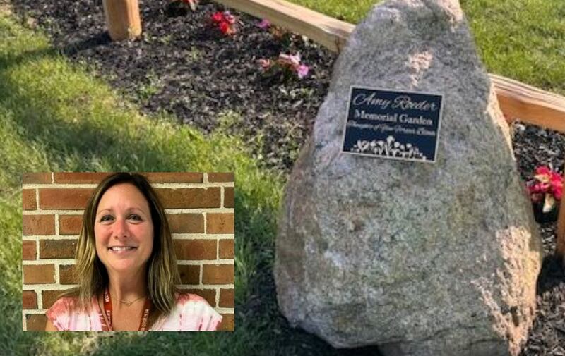 A memorial garden in honor of Amy Roeder, inset, has been installed at Westwood Elementary School in Woodstock. Roeder, a parent, volunteer and aide at the school, died in an Oct. 27, 2024 crash near Woodstock when a car with two Harvard teens collided with hers, killing all three.
