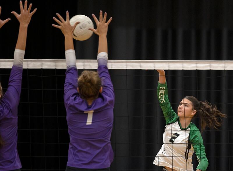 Rock Falls' Kaltrina Lecaj spikes against Rochelle Monday, Sept. 29, 2025.