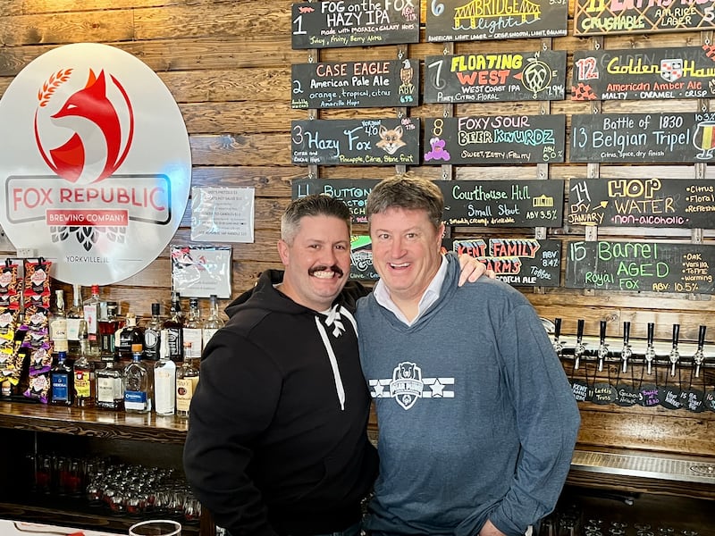 Kendall County Undersheriff Bobby Richardson, left, and Kendall County Board Chairman Matt Kellogg, right, participated in the 2025 celebrity bartender event at Fox Republic Brewing Co. in Yorkville. The event benefits Special Olympics Illinois.