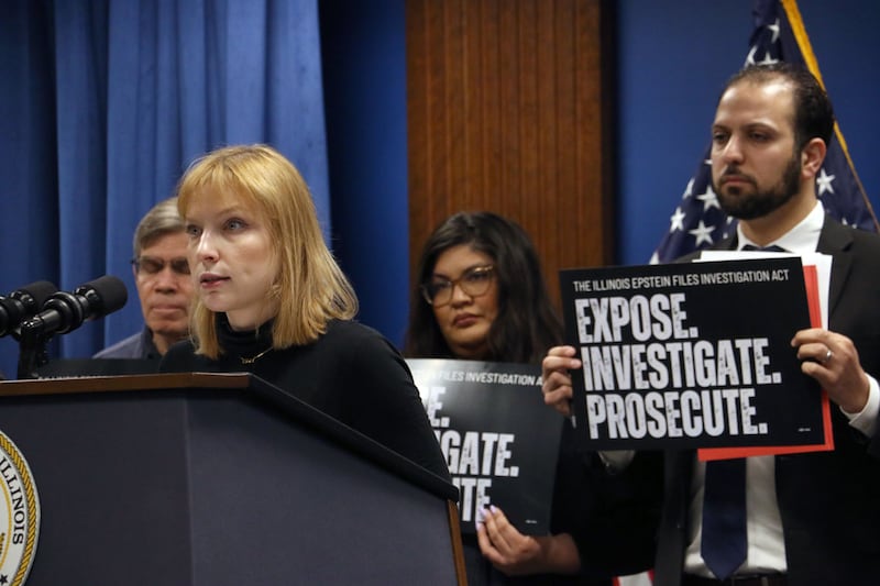 Jane Ruby, president of the League of Women Voters of Chicago, speaks at a Monday, March 2, 2026 news conference introducing the Illinois Epstein Files Investigation Act.