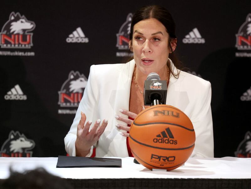 Jacey Brooks answers questions Wednesday, April 9, 2025, in the Convocation Center at Northern Illinois University, after being introduced as the new NIU women’s basketball coach.