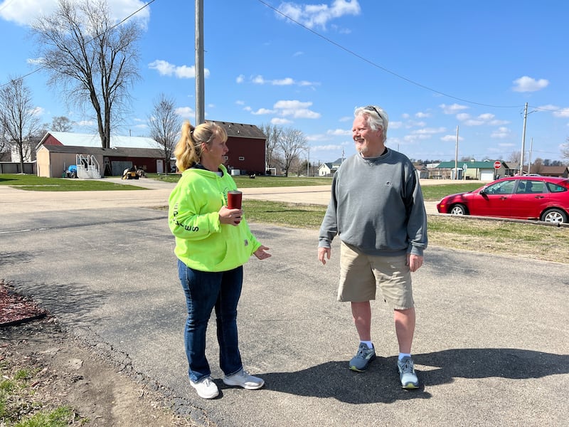 Adrienne Truran, who lived through the 2015 Fairdale tornado and has since moved away, and  Ed Silvers, a member of the Fairdale community for the past 45 years, reminisce on April 11, 2025, about the tornado that nearly destroyed the town on April 9, 2015.
