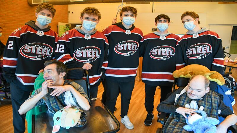 Chicago Steel visits Geneva Marklund with teddy bears