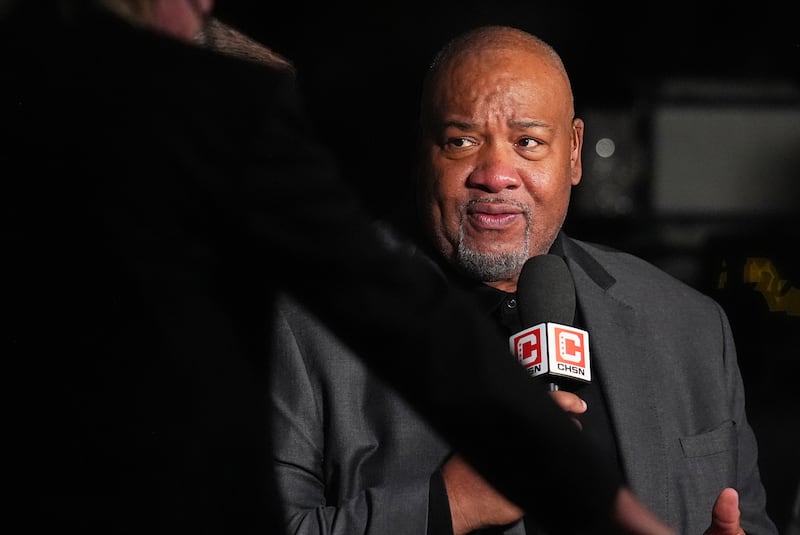FILE - Chicago Bulls television announcer Stacey King attends the first half of an NBA basketball game, Nov. 17, 2025, in Denver. (AP Photo/David Zalubowski, File)