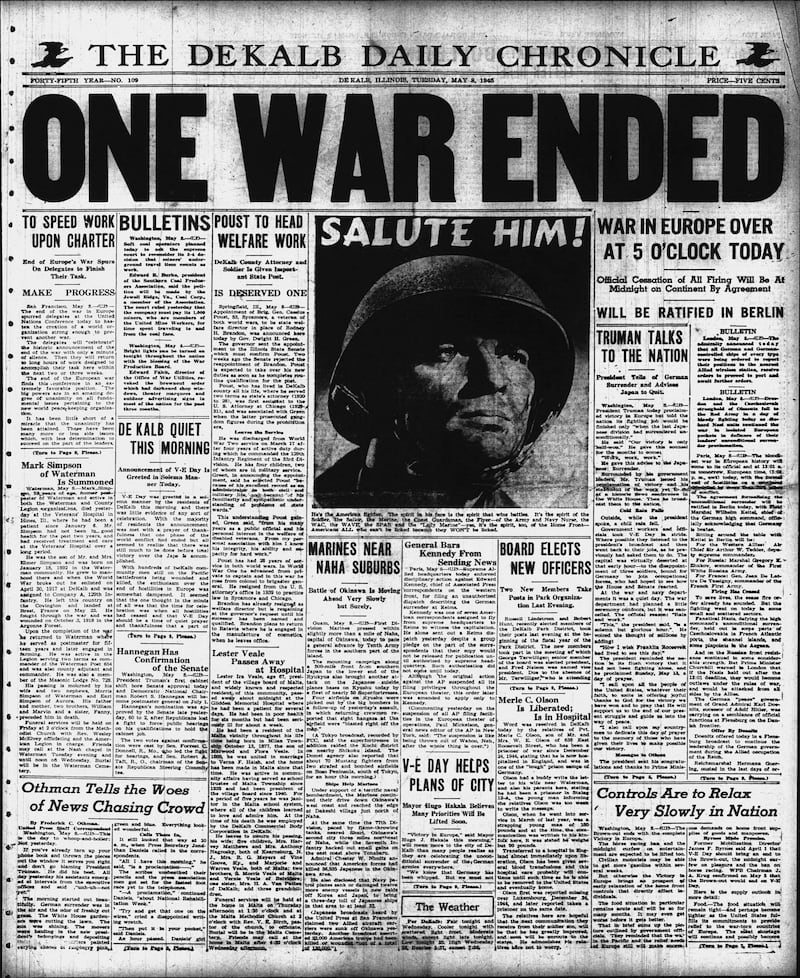 The cover of the Daily Chronicle for May 8, 1945