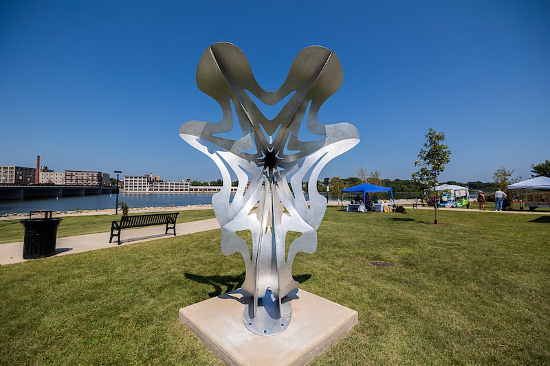 “Portal” by Tommy Riefe sits on display at RB&W Park in Rock Falls Saturday, August, 24, 2024. Rock Falls Tourism held their annual Art in the Park sculpture walk featuring nine new works of art.