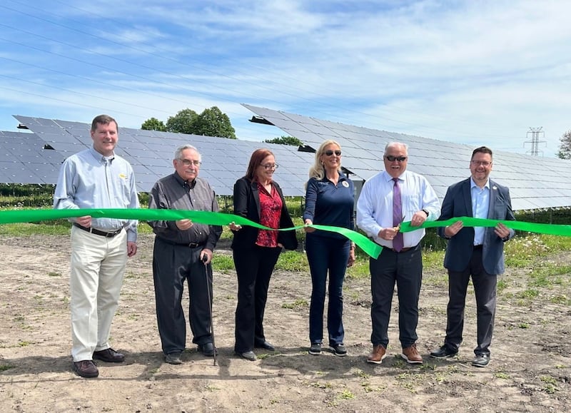 District politicians and local officials cut the ribbon during a ceremony marking the launch of Oglesby’s new solar project on Haul Road, between the Oglesby Fire Department and the water tower. From left: Jim Ellis, Altorfer Cat vice president; Dominic Rivara, former Oglesby mayor; state Rep. Amy Briel; state Sen. Sue Rezin; Kevin Gaden, IMEA president and CEO; and Oglesby Mayor Jason Curran.