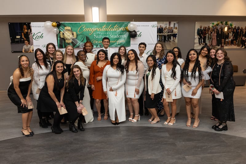 Kishwaukee College Registered Nursing graduates pose for a photo at Kish’s Fall 2025 Nursing Pinning Ceremony. Graduates were presented with a pin before family and friends during the ceremony, which recognized the successful completion of the program.
