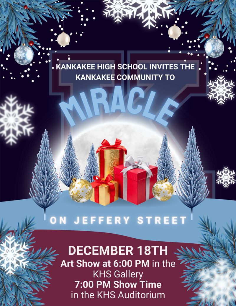 The Miracle on Jeffery Street holiday concert will take place at 7 p.m. Wednesday, Dec. 18, at Kankakee High School, with an art gallery to begin at 6 p.m.
