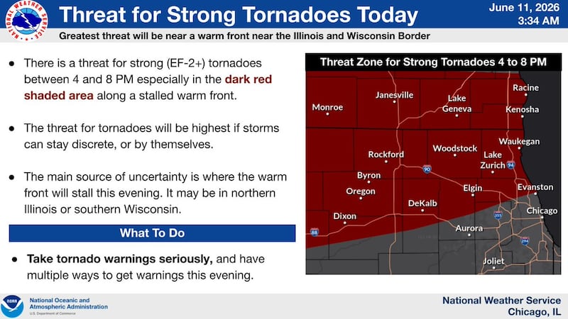 The region of northern Illinois that is most at risk for tornado activity on Thursday, June 11, 2026.