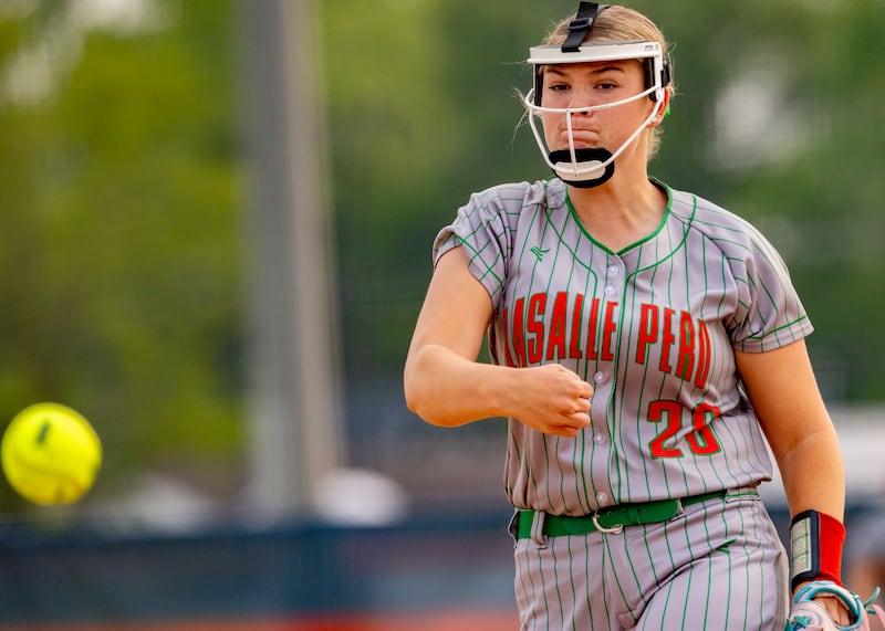 Taylor Vescogni of LaSalle Peru High School throws a pitch during the Illinois Class 3A regional game on May 30, 2025 at Pontiac High School.