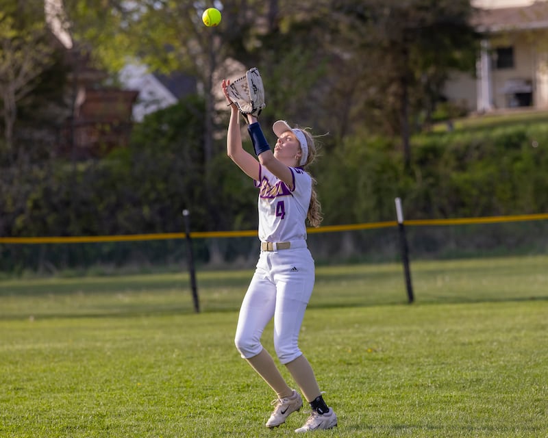 Maddie Young of Serena High School makes the catch to record the out against Newark High School on April 29, 2025 at Newark High School.