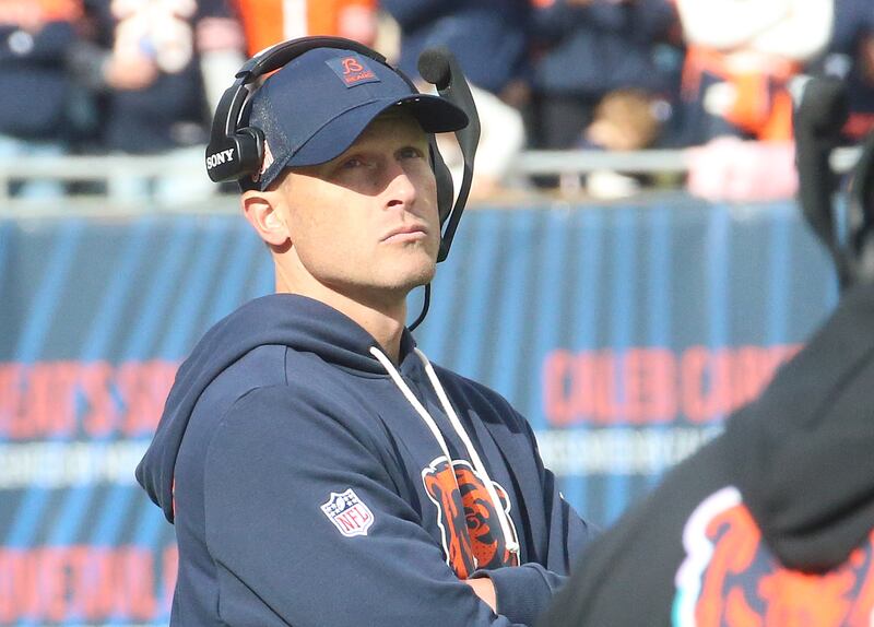 Chicago Bears head coach Ben Johnson watches his team play against the New Orleans Saints on Sunday, Oct .11, 2025 at Soldier Field in Chicago.
