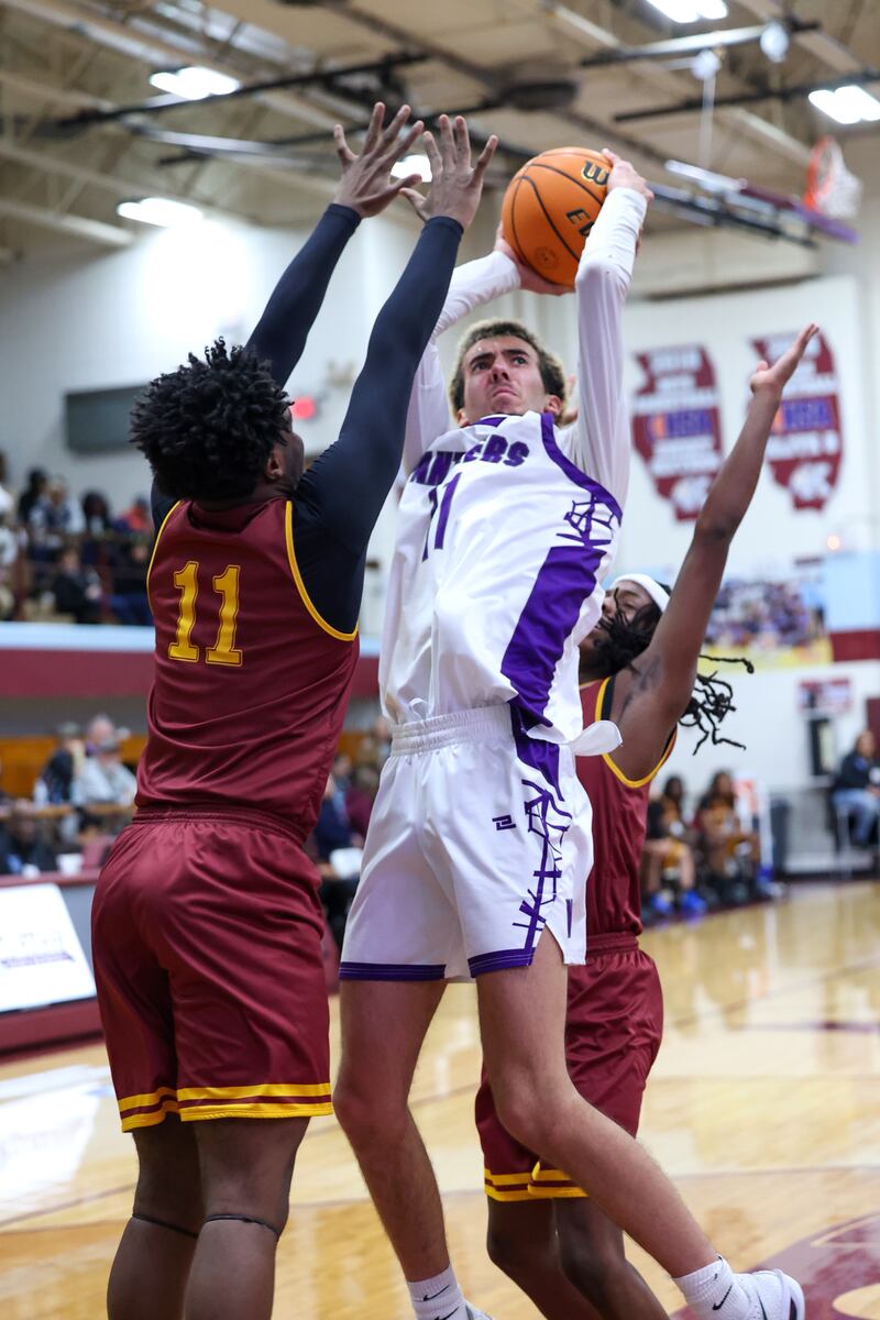 Manteno's Braden Campbell looks to shoot during the Panthers' 65-52 loss to Christ the King in the Kankakee Holiday Tournament blue bracket championship game on Sunday, Dec. 28, 2025.