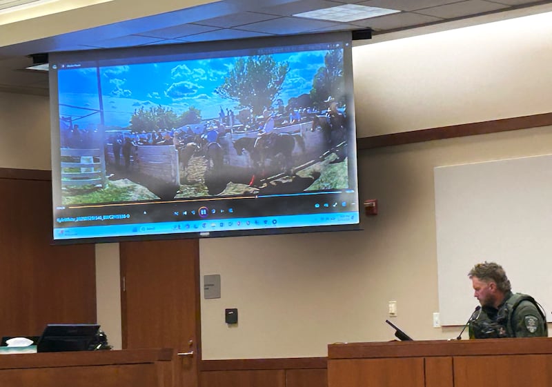 Ogle County Sheriff's Deputy Kyle White (right) testfies as his body camera footage is shown during the jury trial for Jodie Wiederkehr on Monday, June 15, 2026 at the Ogle County Judicial Center.