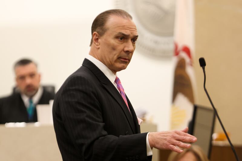 Defense attorney Chuck Bretz gives opening comments. Boshears is charged with the murder of Kaitlyn “Katie” Kearns, 24, on Nov. 13, 2017. Thursday, April 14, 2022, in Joliet.