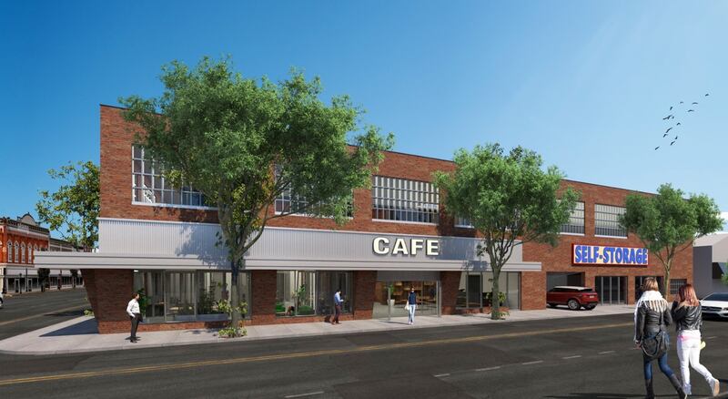 The proposed exterior of the coffee shop, sales office and climate-controlled self-storage unit coming to the former La Salle Public Works Building, at 500 2nd St.