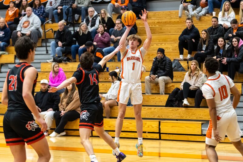 Lincoln-Way West's Nolan Ballantine shoots during a varsity basketball game against Lincoln-Way Central at Lincoln-Way West on Jan. 27, 2026.