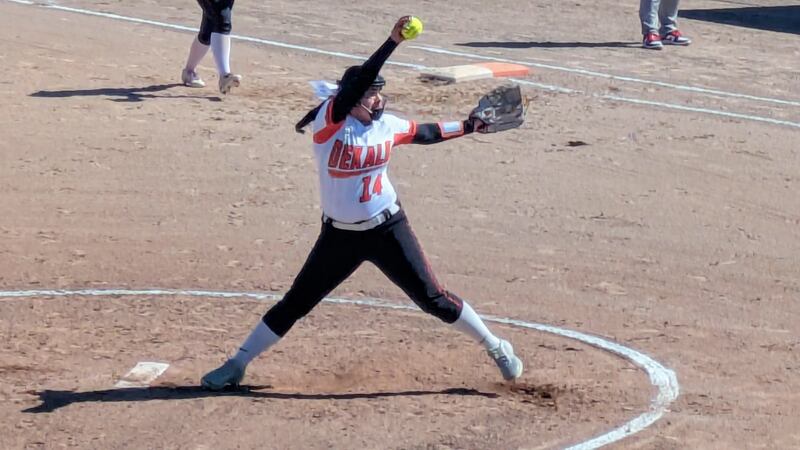 DeKalb pitcher Jasmine Rodriguez delivers a pitch in the Barbs' 16-6 win over Belvidere North on Saturday, March 22, 2025.