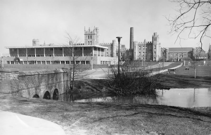 Lowden Hall, Altgeld Hall and McMurry Hall on the Northern Illinois University campus, looking north from the lagoon are seen in April 1969.