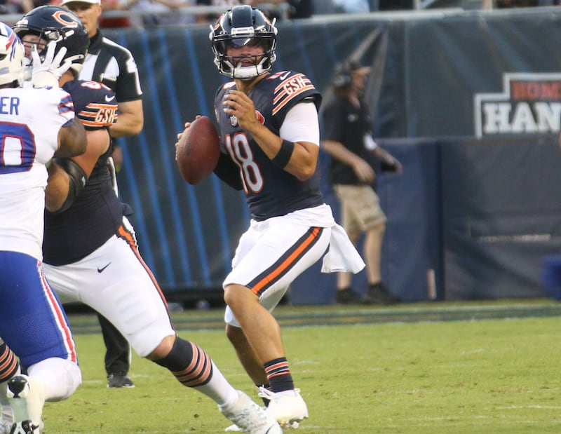 Chicago Bears quarterback Caleb Willams looks to throw a pass against the Buffalo Bills on Sunday, Aug. 17, 2025 at Soldier Field in Chicago.