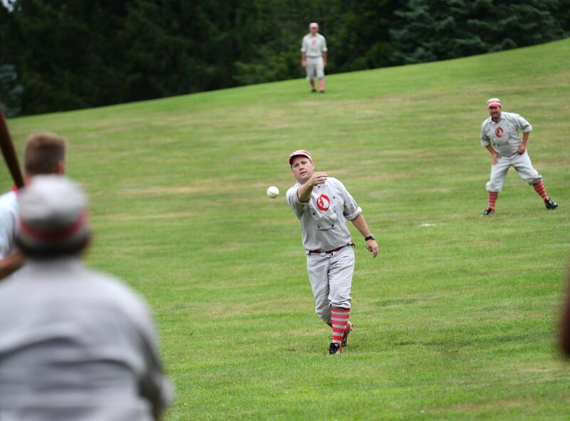 Aaron Berg pitches for the Oregon Ganymedes during a Sunday, July 20, 2025 game with the Creston Regulators at Oregon Park West.