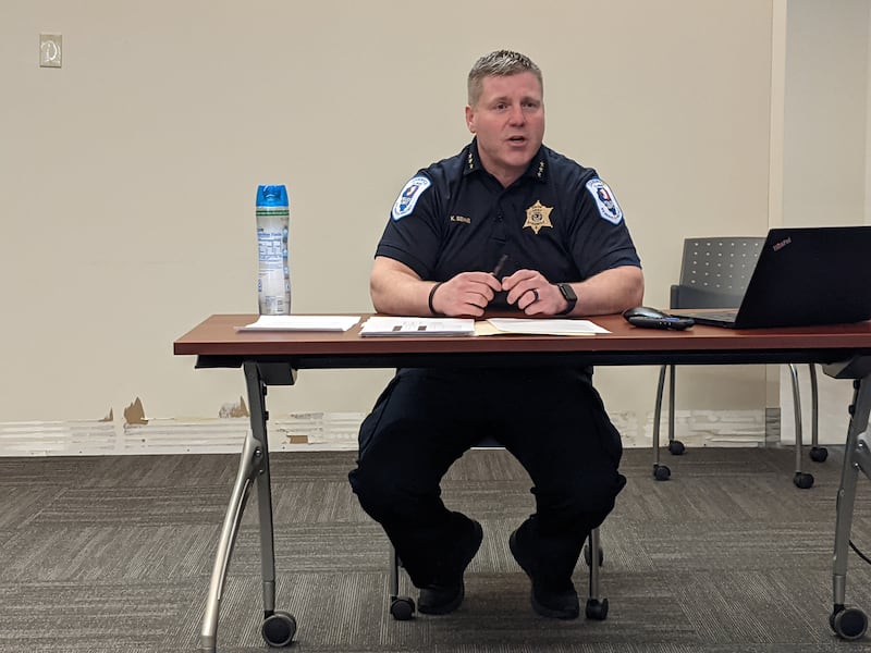 Sandwich Police Chief Kevin Senne talks about the Sandwich Police Department’s 2024 Annual Report at a March 10 community meeting at the Sandwich police station.
