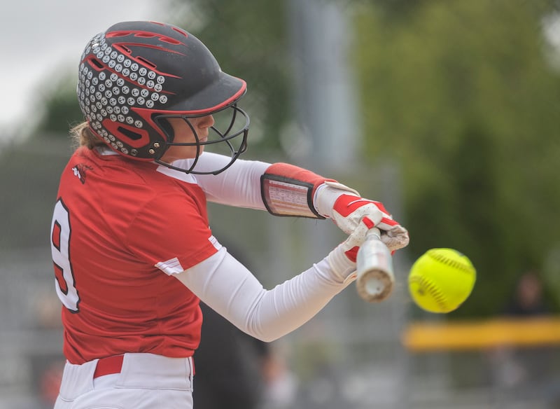 Fulton’s Kira Wilson connects for a fielder’s choice against Amboy Wednesday, May 21, 2025, during a Regional semifinal softball game.