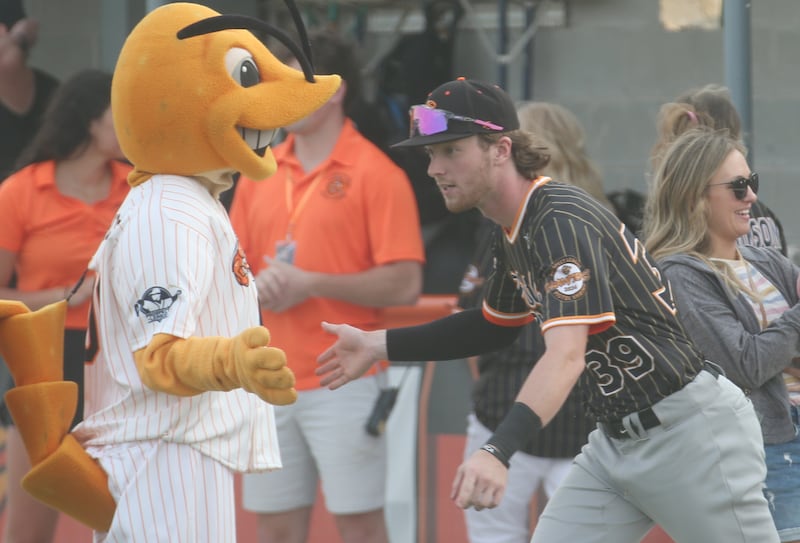 Illinois Valley Pistol Shrimp's Nick Weaver of Steamwood, hi-fives Southclaw Sam while running out onto the field during the game against Alton River Dragons on Thursday, June 5, 2025 at Schweickert Stadium in Peru.