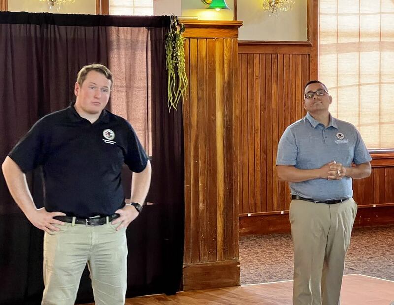 Illinois State Rep. Brad Fritts and State Senator Li Arellano Jr. speak at a legislative update event at the Post House Ballroom in Dixon on June 10, 2025.