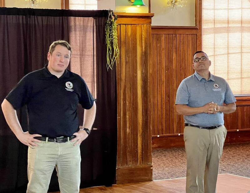 Illinois State Rep. Brad Fritts and State Senator Li Arellano Jr. speak at a legislative update event at the Post House Ballroom in Dixon on June 10, 2025.
