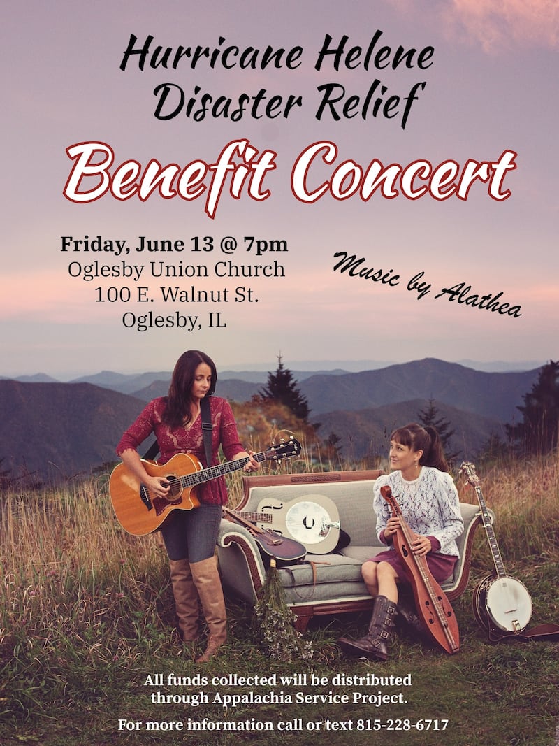 The award-winning folk/gospel group ALATHEA will perform a pair of benefit concerts at 7 p.m. Friday, June 13 at Oglesby Union Church and at 7 p.m. Saturday, June 14 at First Presbyterian Church, Henry. A free-will offering will be collected at both events to aid victims of Hurricane Helene. ALATHEA also will perform at 1 p.m. Sunday, June 15 at Oglesby Summer Fun Fest.