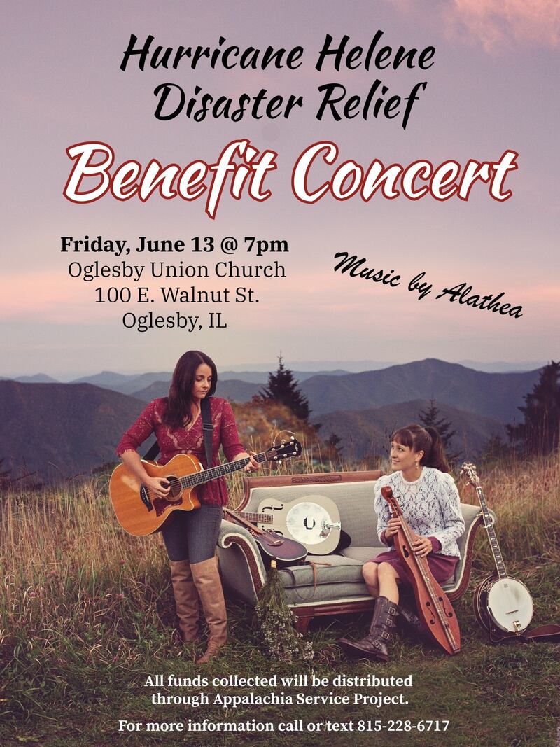 The award-winning folk/gospel group ALATHEA will perform a pair of benefit concerts at 7 p.m. Friday, June 13 at Oglesby Union Church and at 7 p.m. Saturday, June 14 at First Presbyterian Church, Henry. A free-will offering will be collected at both events to aid victims of Hurricane Helene. ALATHEA also will perform at 1 p.m. Sunday, June 15 at Oglesby Summer Fun Fest.