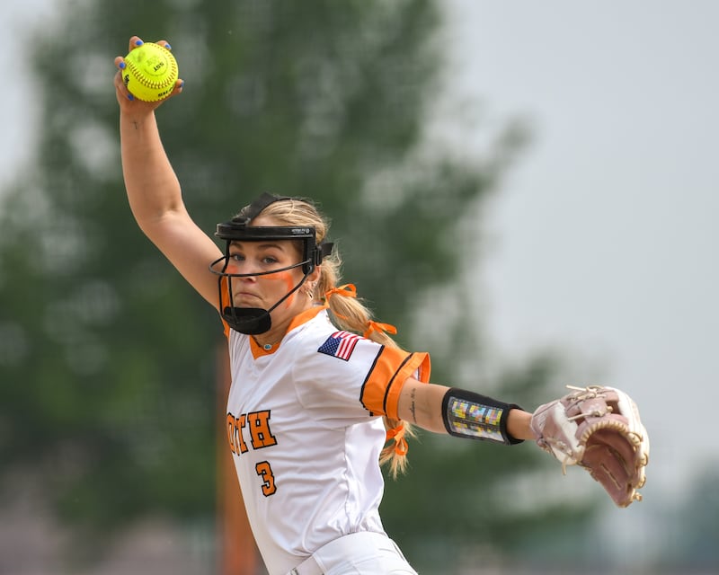 Wheaton Warrenville South's Presley Wright (3) pitches during the game on Thursday June 5, 2025, while taking on Wheaton North in the sectional semifinal game held at Oswego High School.