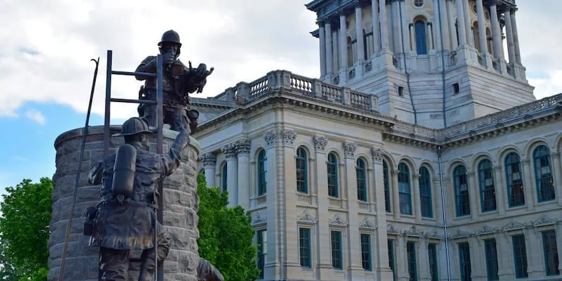 The Illinois firefighter memorial sits on the grounds of the state capitol in Springfield.