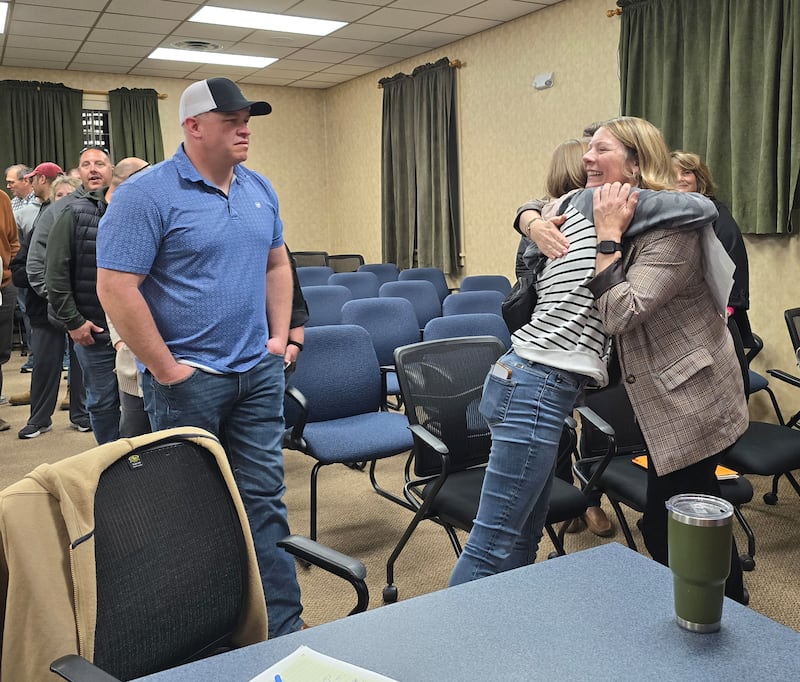 Princeton City Manager Teresa Wittenauer is embraced with hugs from supporters after the City Council opted not to vote on her employment future during a special meeting Tuesday, April 15, 2025, essentially deciding to maintain her as its city manager.